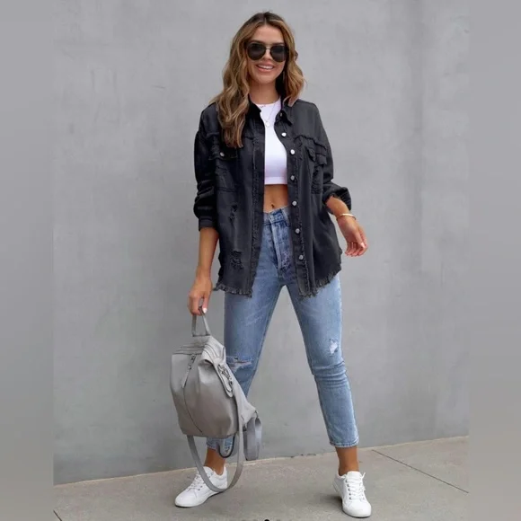 Distressed Black Denim Jacket Sz 14 - Picture 1 of 11